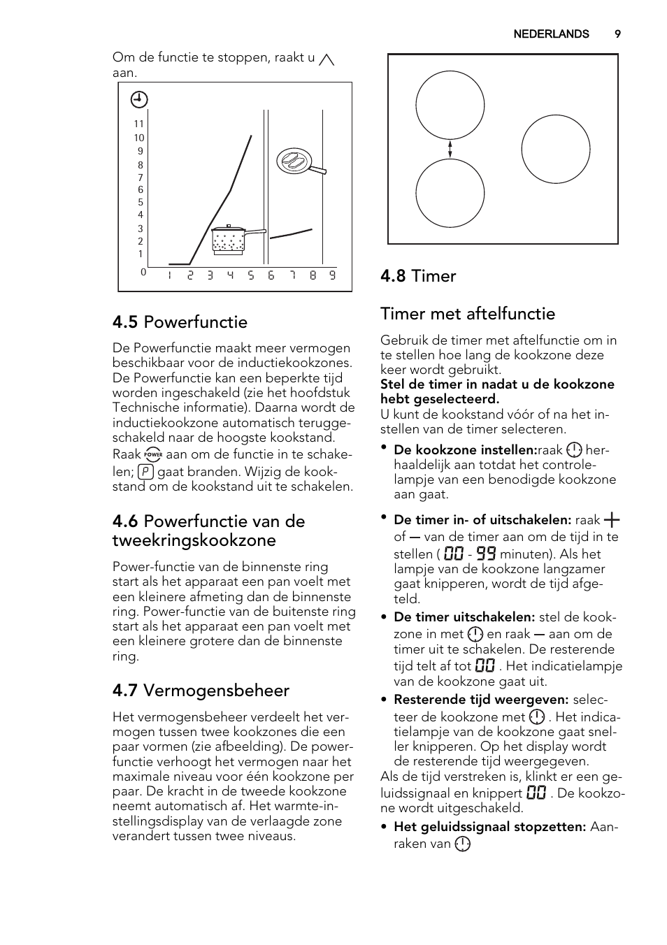 5 powerfunctie, 6 powerfunctie van de tweekringskookzone, 7 vermogensbeheer | 8 timer timer met aftelfunctie | AEG HK673532FB User Manual | Page 9 / 68