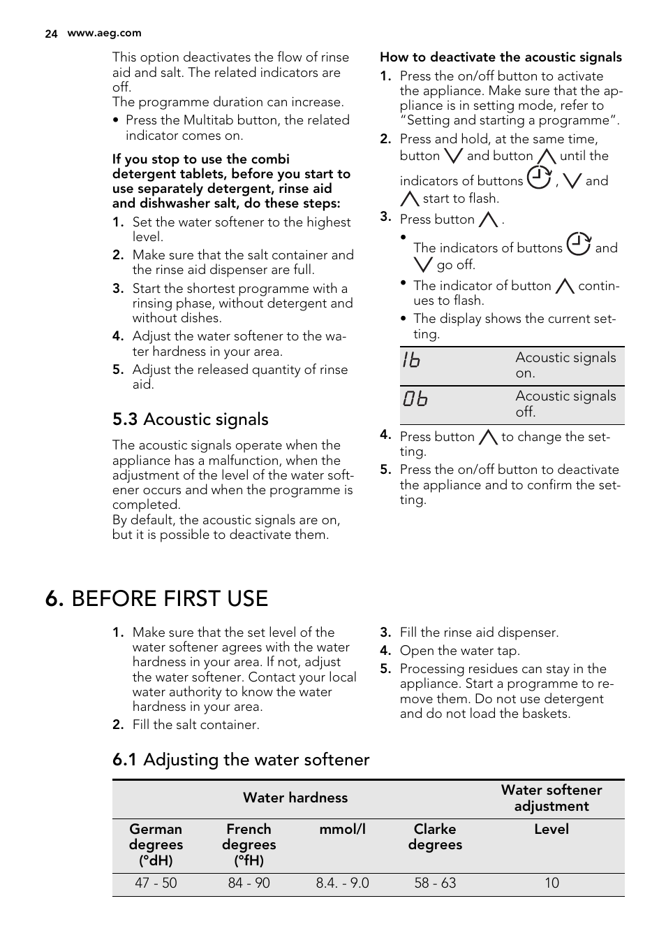 Before first use, 3 acoustic signals, 1 adjusting the water softener | AEG F78420VI0P User Manual | Page 24 / 68