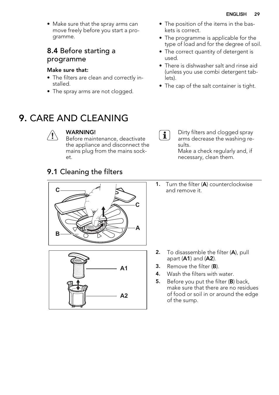 Care and cleaning, 4 before starting a programme, 1 cleaning the filters | AEG F78420VI0P User Manual | Page 29 / 68