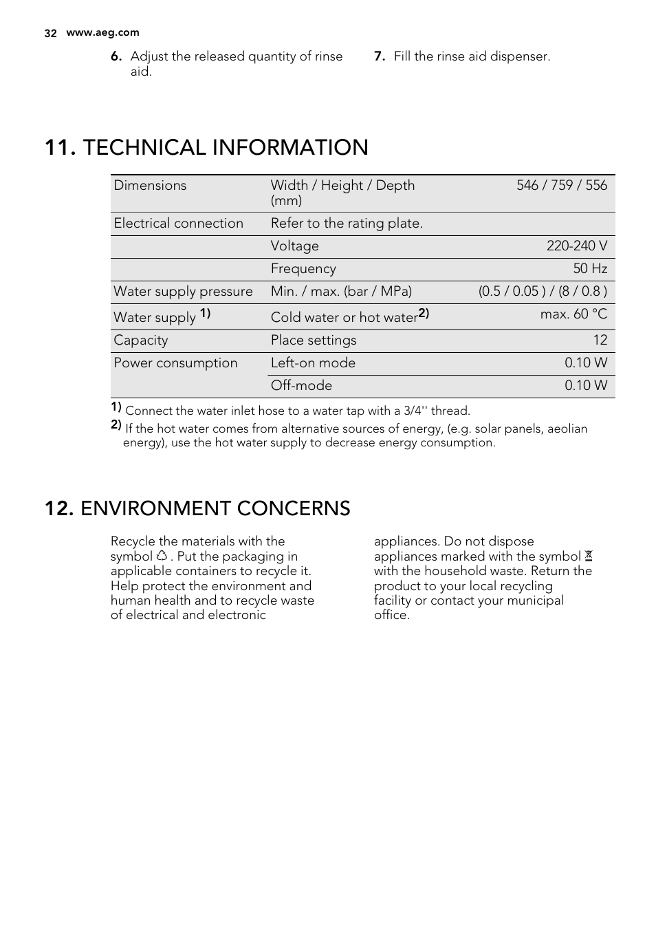 Technical information, Environment concerns | AEG F78420VI0P User Manual | Page 32 / 68