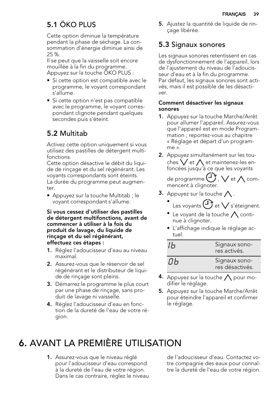 Avant la première utilisation, 1 öko plus, 2 multitab | 3 signaux sonores | AEG F78420VI0P User Manual | Page 39 / 68