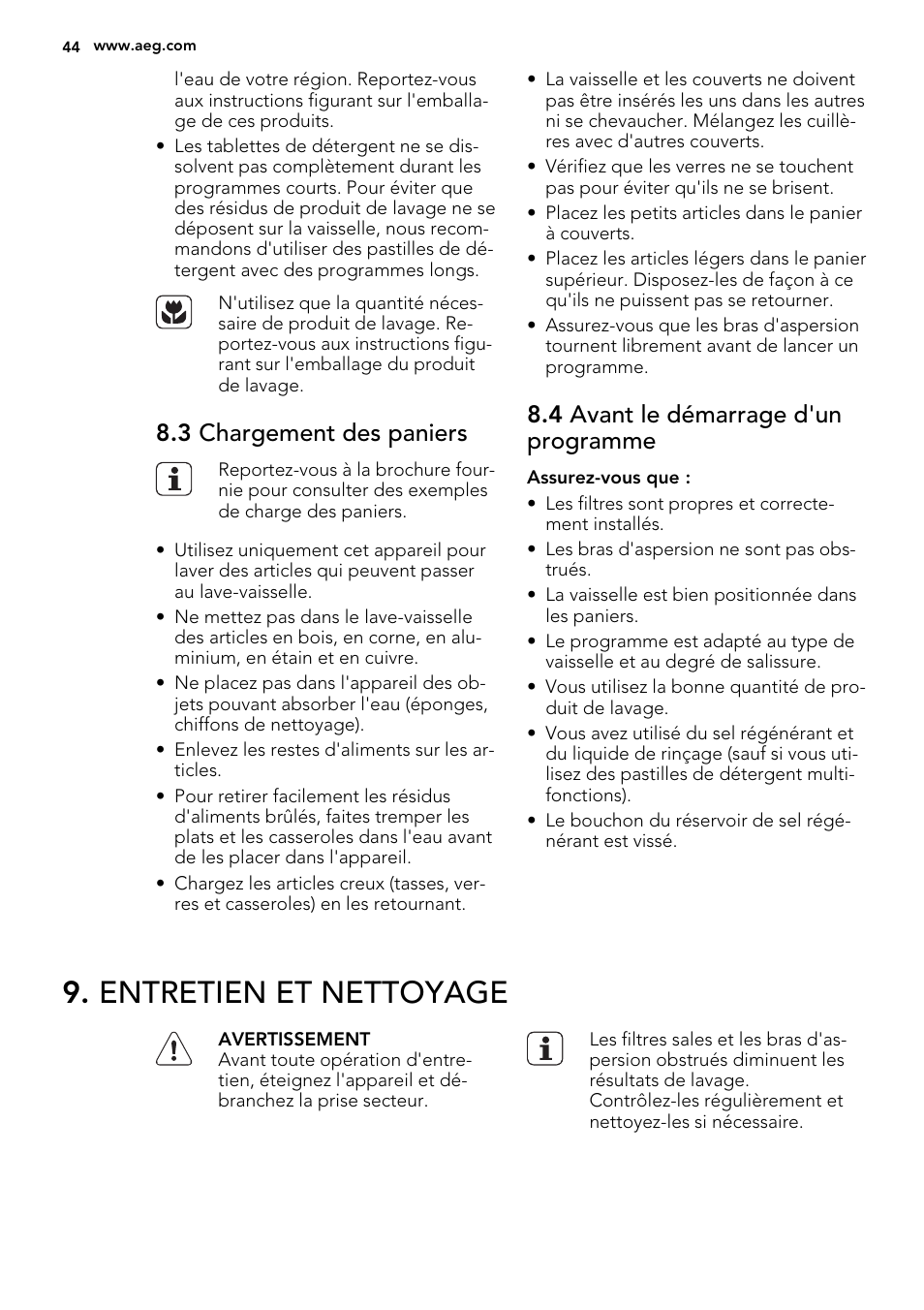 Entretien et nettoyage, 3 chargement des paniers, 4 avant le démarrage d'un programme | AEG F78420VI0P User Manual | Page 44 / 68