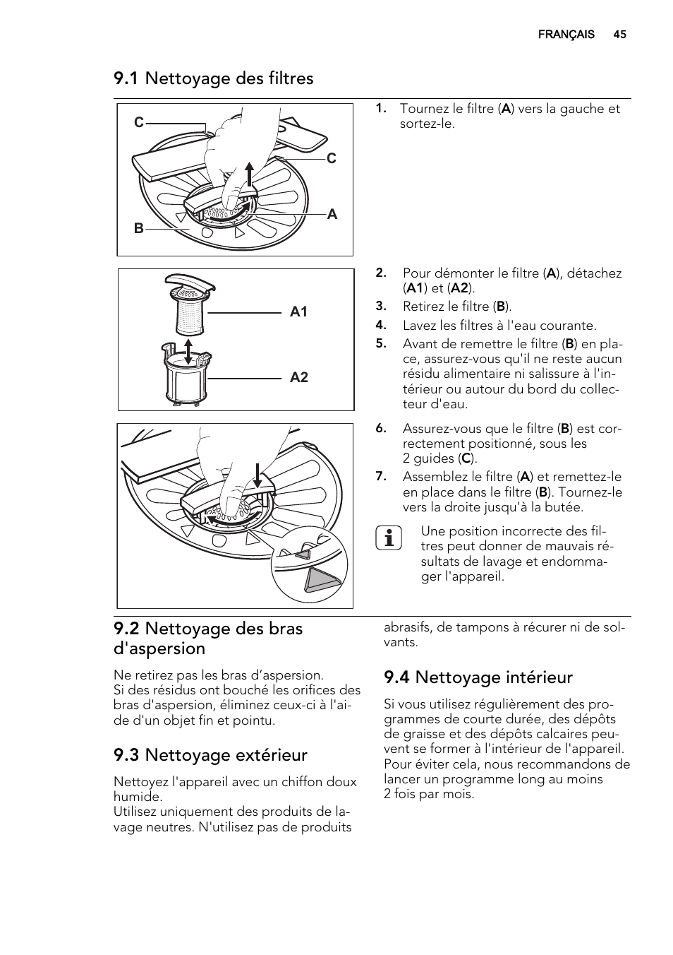 1 nettoyage des filtres, 2 nettoyage des bras d'aspersion, 3 nettoyage extérieur | 4 nettoyage intérieur | AEG F78420VI0P User Manual | Page 45 / 68