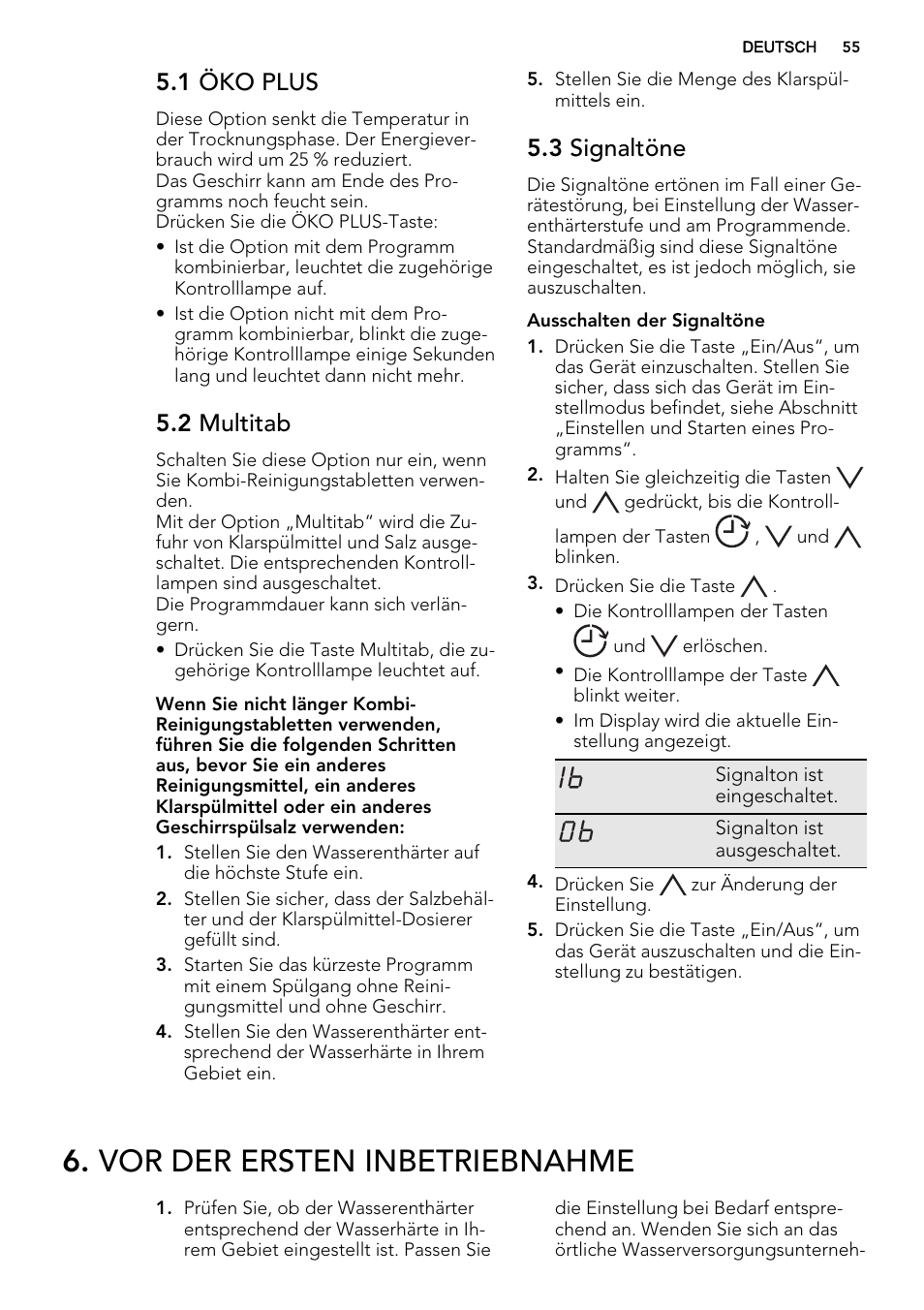 Vor der ersten inbetriebnahme, 1 öko plus, 2 multitab | 3 signaltöne | AEG F78420VI0P User Manual | Page 55 / 68