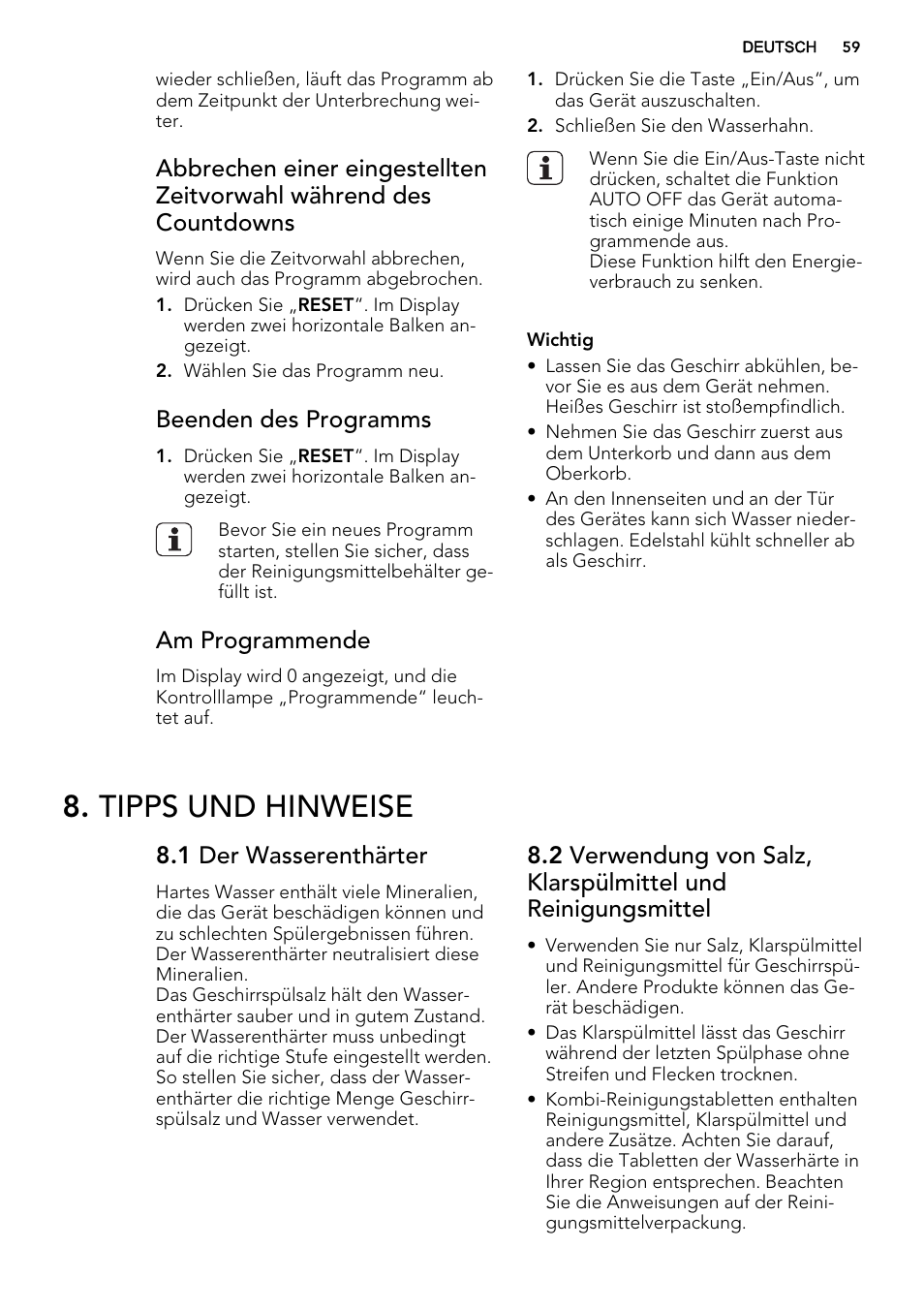 Tipps und hinweise, Beenden des programms, Am programmende | 1 der wasserenthärter | AEG F78420VI0P User Manual | Page 59 / 68