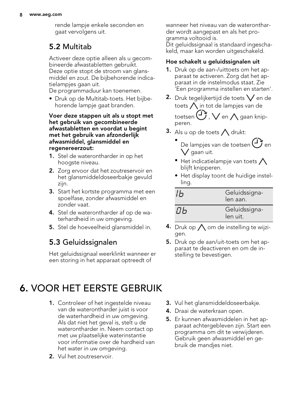 Voor het eerste gebruik, 2 multitab, 3 geluidssignalen | AEG F78420VI0P User Manual | Page 8 / 68