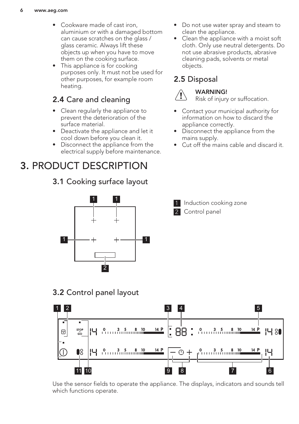 4 care and cleaning, 5 disposal, Product description | 1 cooking surface layout, 2 control panel layout | AEG HK653326XB User Manual | Page 6 / 64