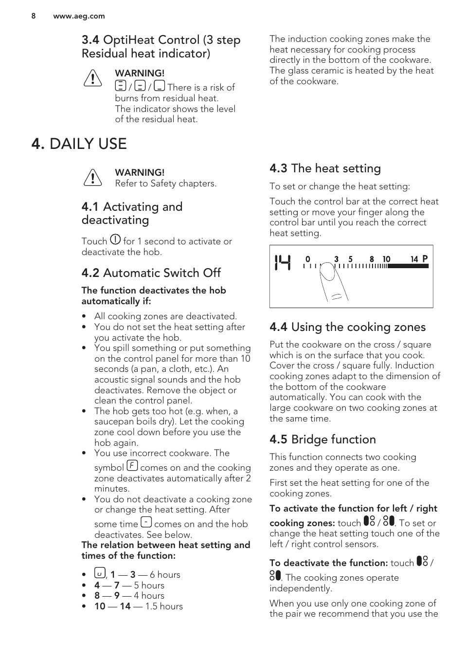 Daily use, 1 activating and deactivating, 2 automatic switch off | 3 the heat setting, 4 using the cooking zones, 5 bridge function | AEG HK653326XB User Manual | Page 8 / 64