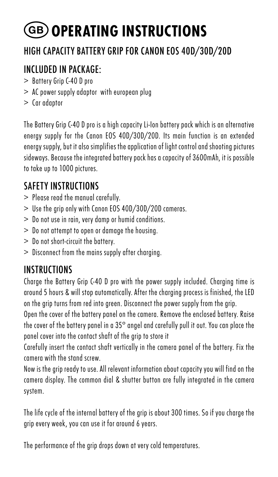Operating instructions | Ansmann Energy CANON EOS 20D User Manual | Page 2 / 24