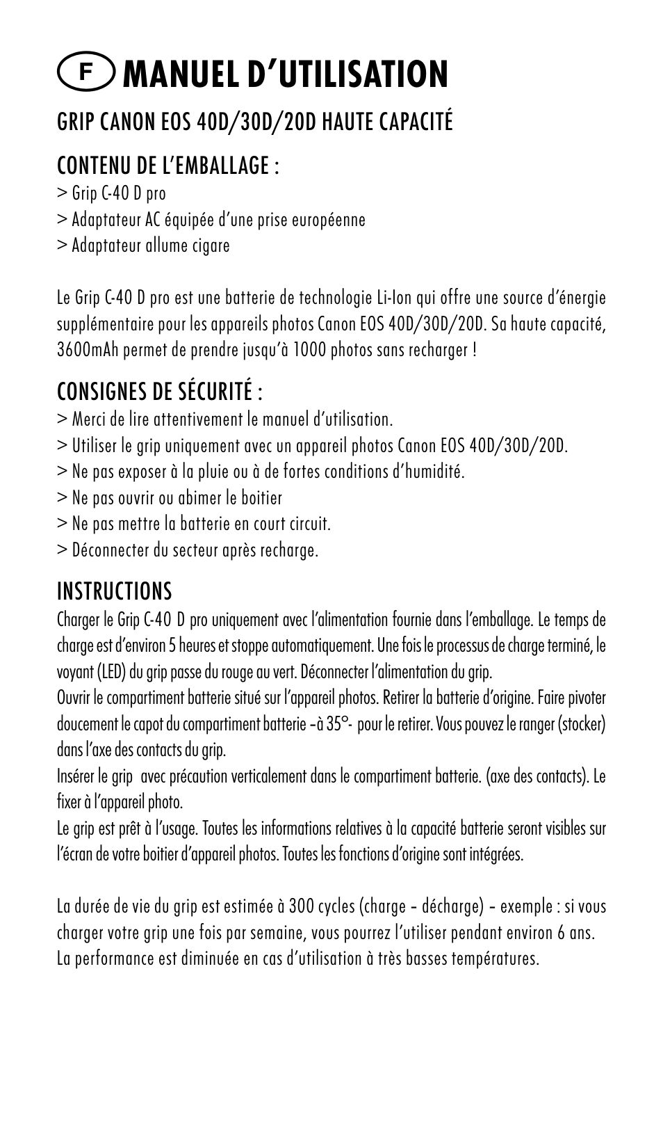 Manuel d’utilisation | Ansmann Energy CANON EOS 20D User Manual | Page 4 / 24