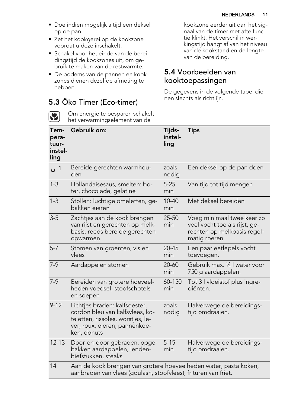 3 öko timer (eco-timer), 4 voorbeelden van kooktoepassingen | AEG HG654320NM User Manual | Page 11 / 64