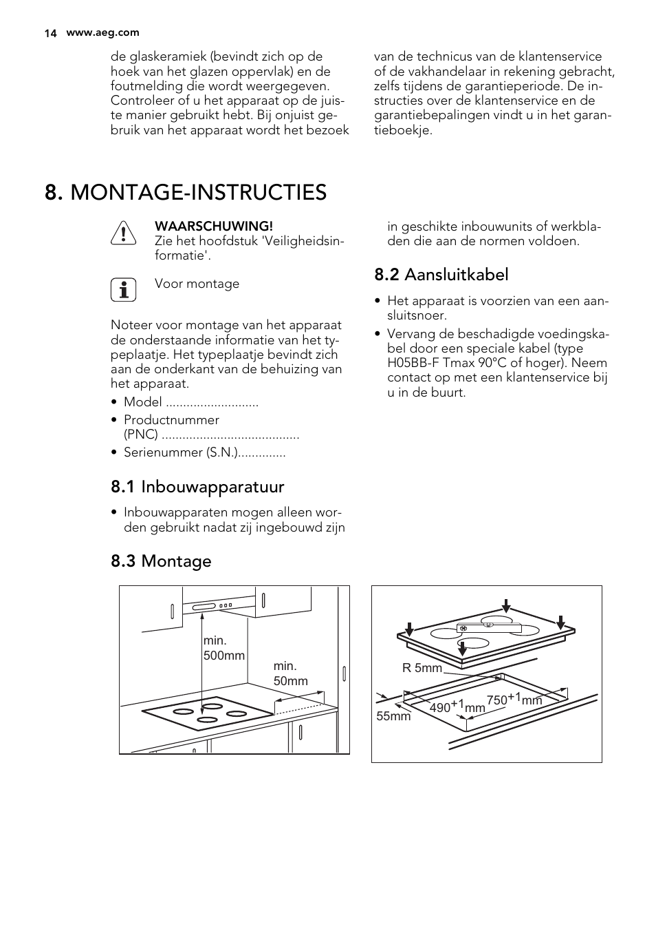 Montage-instructies, 1 inbouwapparatuur, 2 aansluitkabel | 3 montage | AEG HG654320NM User Manual | Page 14 / 64