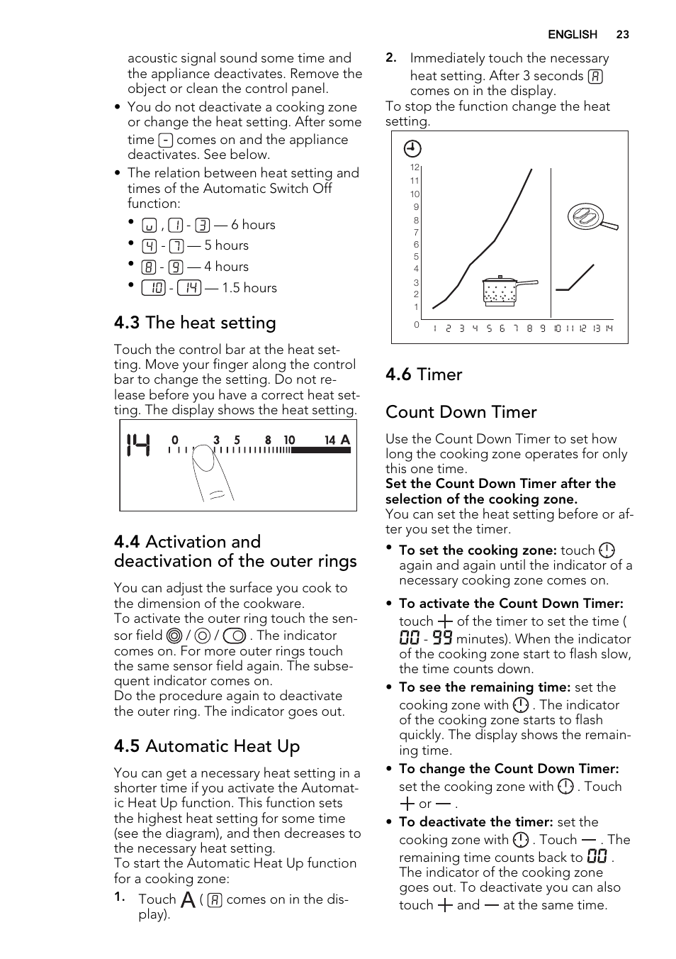 3 the heat setting, 4 activation and deactivation of the outer rings, 5 automatic heat up | 6 timer count down timer | AEG HG654320NM User Manual | Page 23 / 64