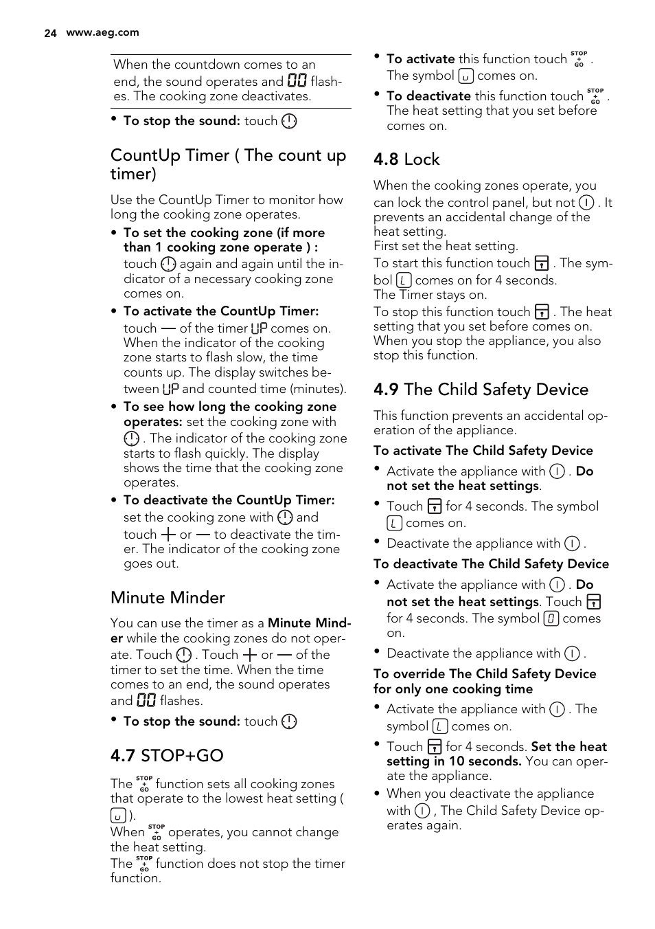 Countup timer ( the count up timer), Minute minder, 7 stop+go | 8 lock, 9 the child safety device | AEG HG654320NM User Manual | Page 24 / 64