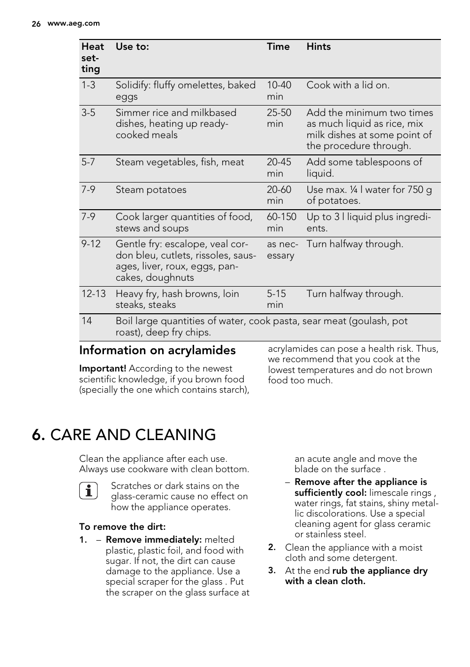 Care and cleaning, Information on acrylamides | AEG HG654320NM User Manual | Page 26 / 64
