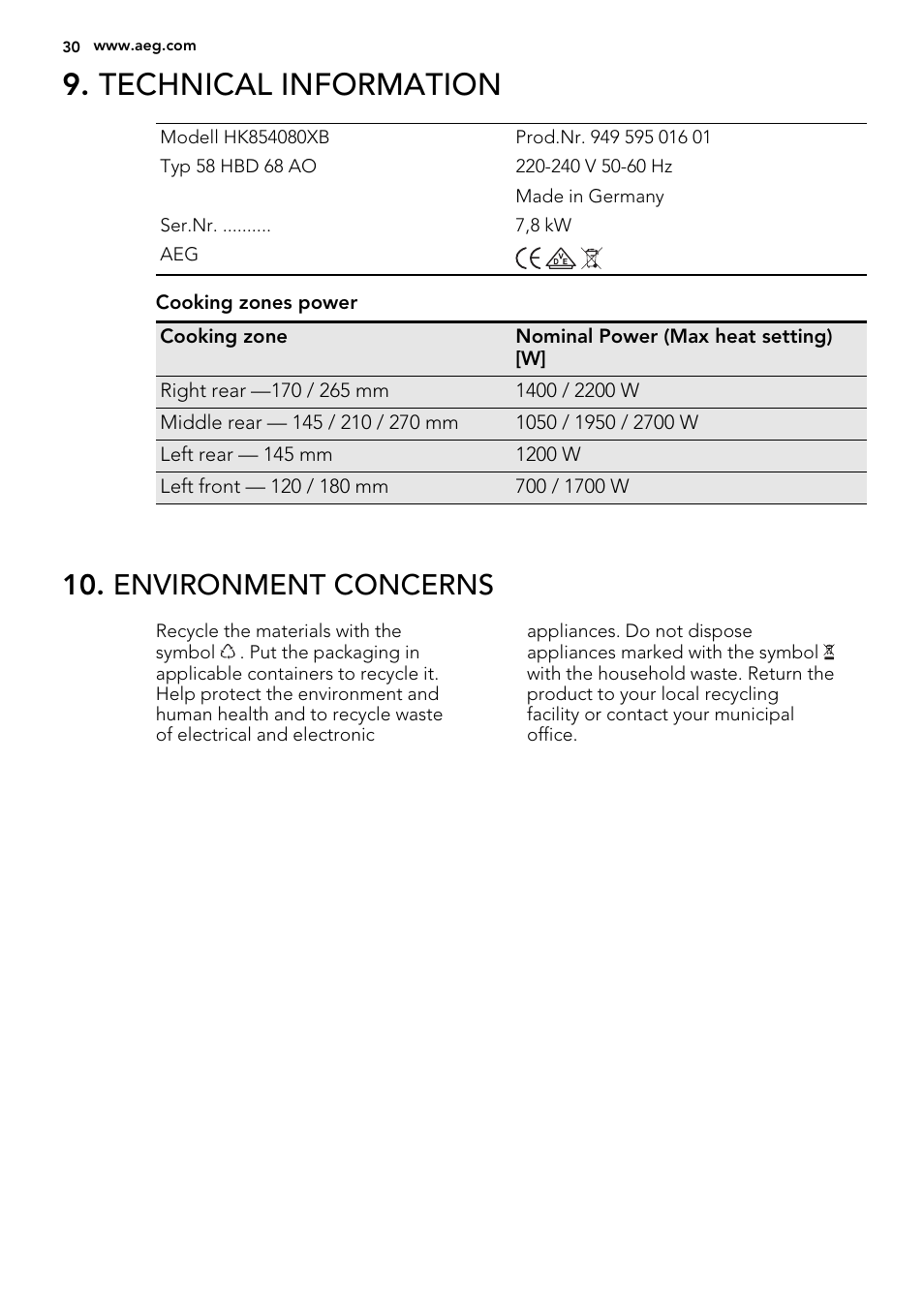 Technical information, Environment concerns | AEG HG654320NM User Manual | Page 30 / 64
