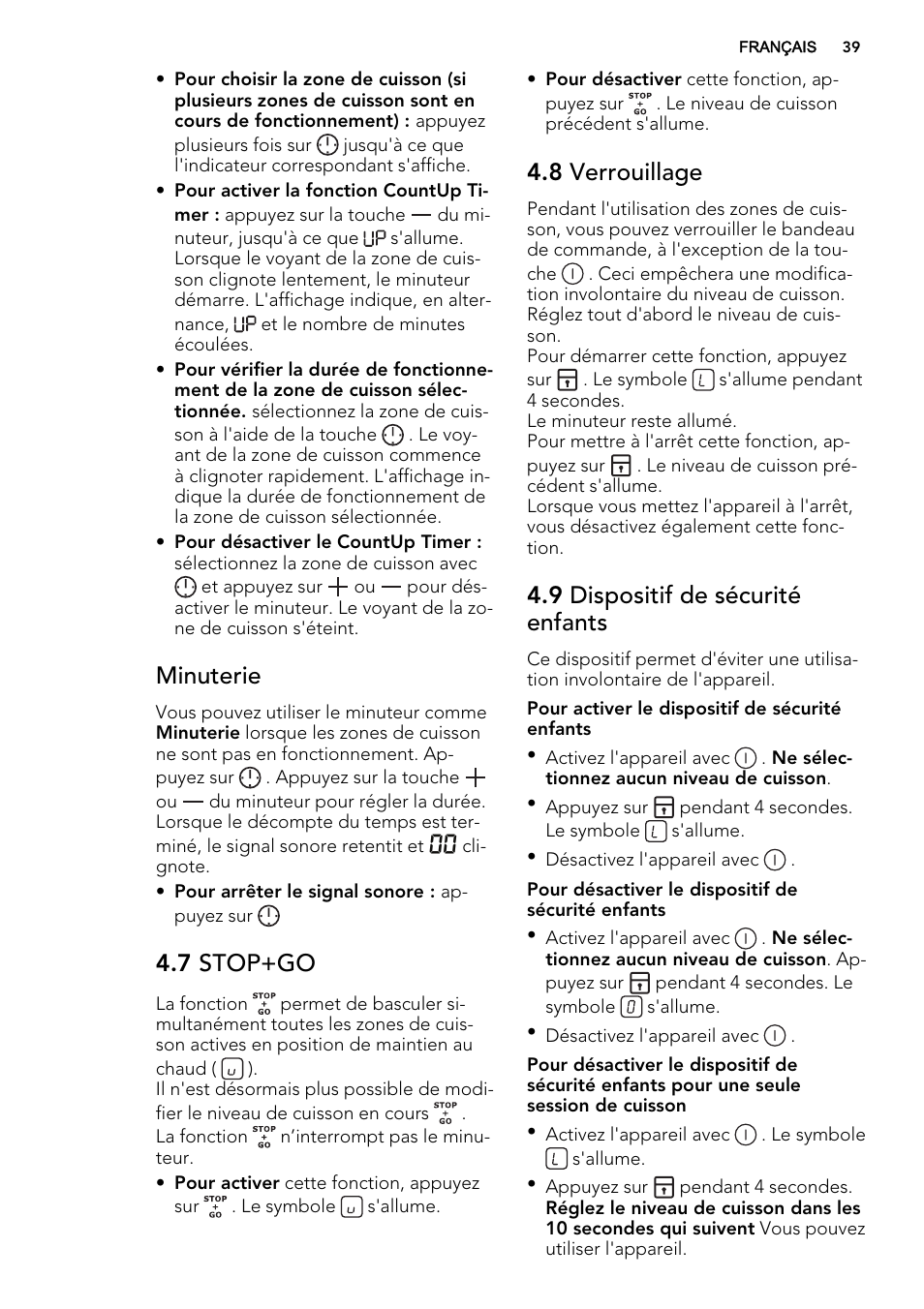 Minuterie, 7 stop+go, 8 verrouillage | 9 dispositif de sécurité enfants | AEG HG654320NM User Manual | Page 39 / 64