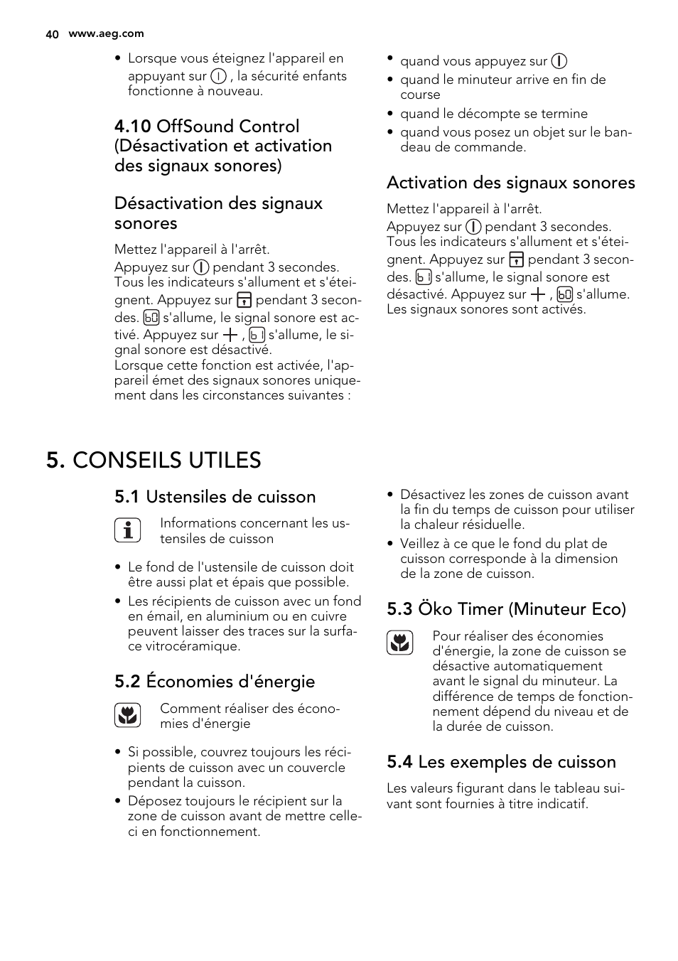 Conseils utiles, Activation des signaux sonores, 1 ustensiles de cuisson | 2 économies d'énergie, 3 öko timer (minuteur eco), 4 les exemples de cuisson | AEG HG654320NM User Manual | Page 40 / 64