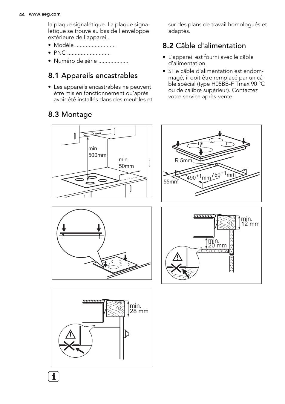 1 appareils encastrables, 2 câble d'alimentation, 3 montage | AEG HG654320NM User Manual | Page 44 / 64