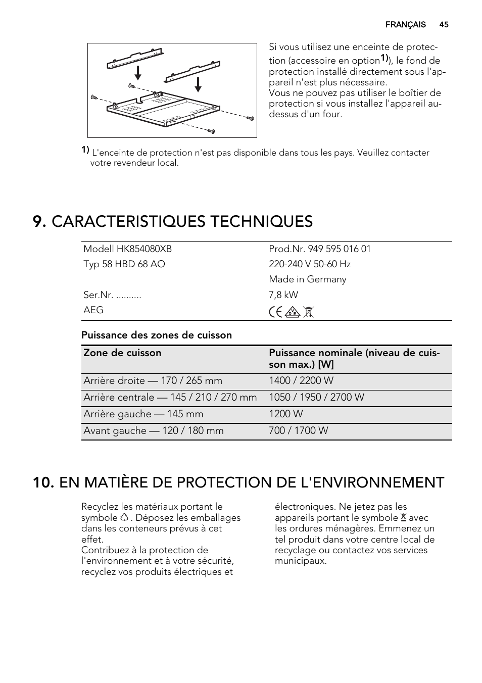 Caracteristiques techniques, En matière de protection de l'environnement | AEG HG654320NM User Manual | Page 45 / 64