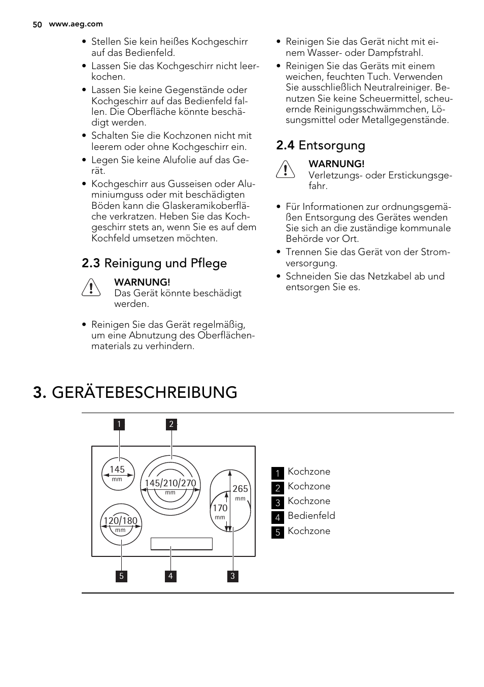 Gerätebeschreibung, 3 reinigung und pflege, 4 entsorgung | AEG HG654320NM User Manual | Page 50 / 64