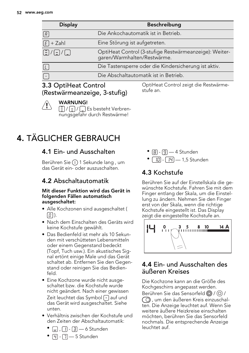 Täglicher gebrauch, 3 optiheat control (restwärmeanzeige, 3-stufig), 1 ein- und ausschalten | 2 abschaltautomatik, 3 kochstufe, 4 ein- und ausschalten des äußeren kreises | AEG HG654320NM User Manual | Page 52 / 64