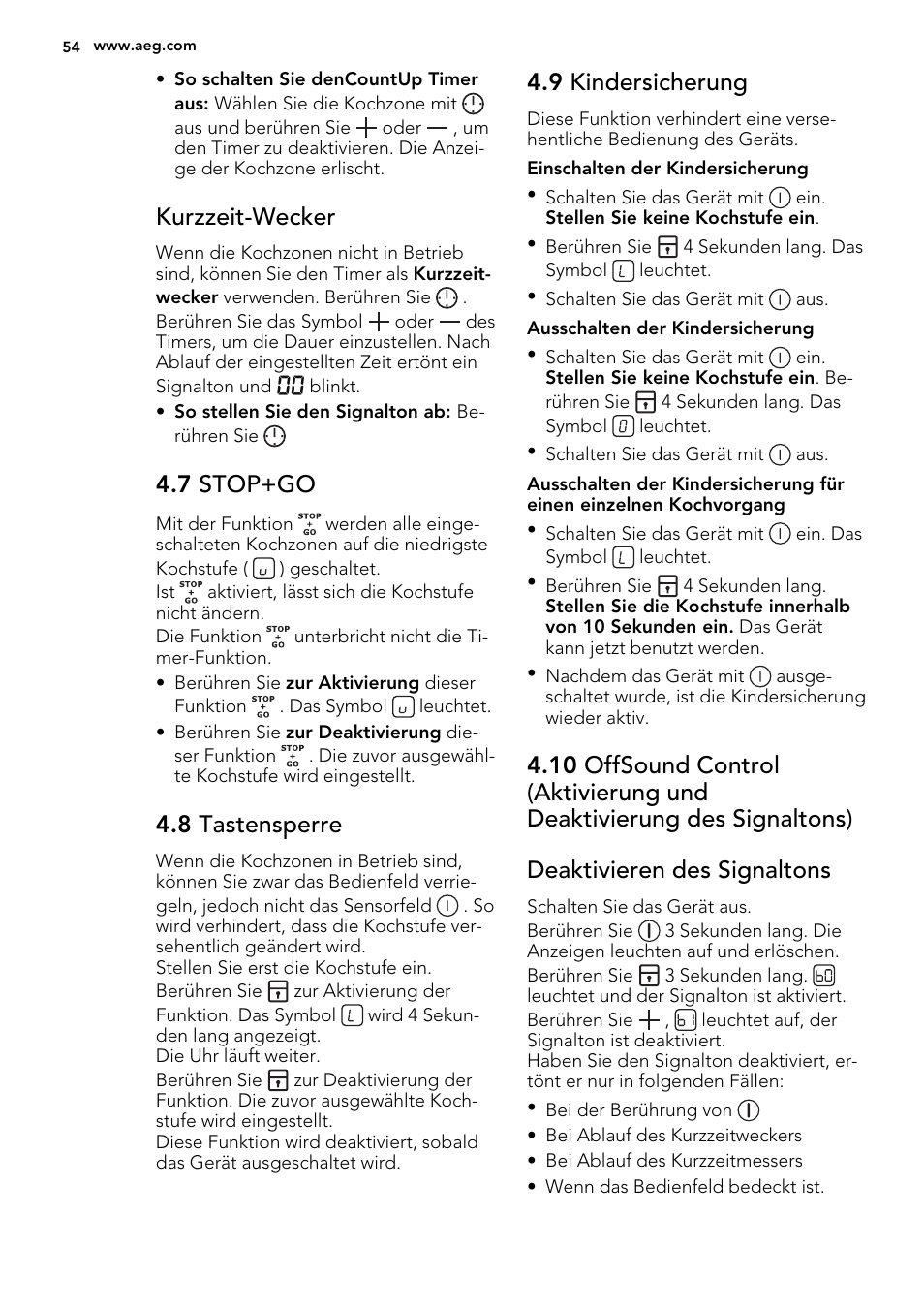 Kurzzeit-wecker, 7 stop+go, 8 tastensperre | 9 kindersicherung | AEG HG654320NM User Manual | Page 54 / 64