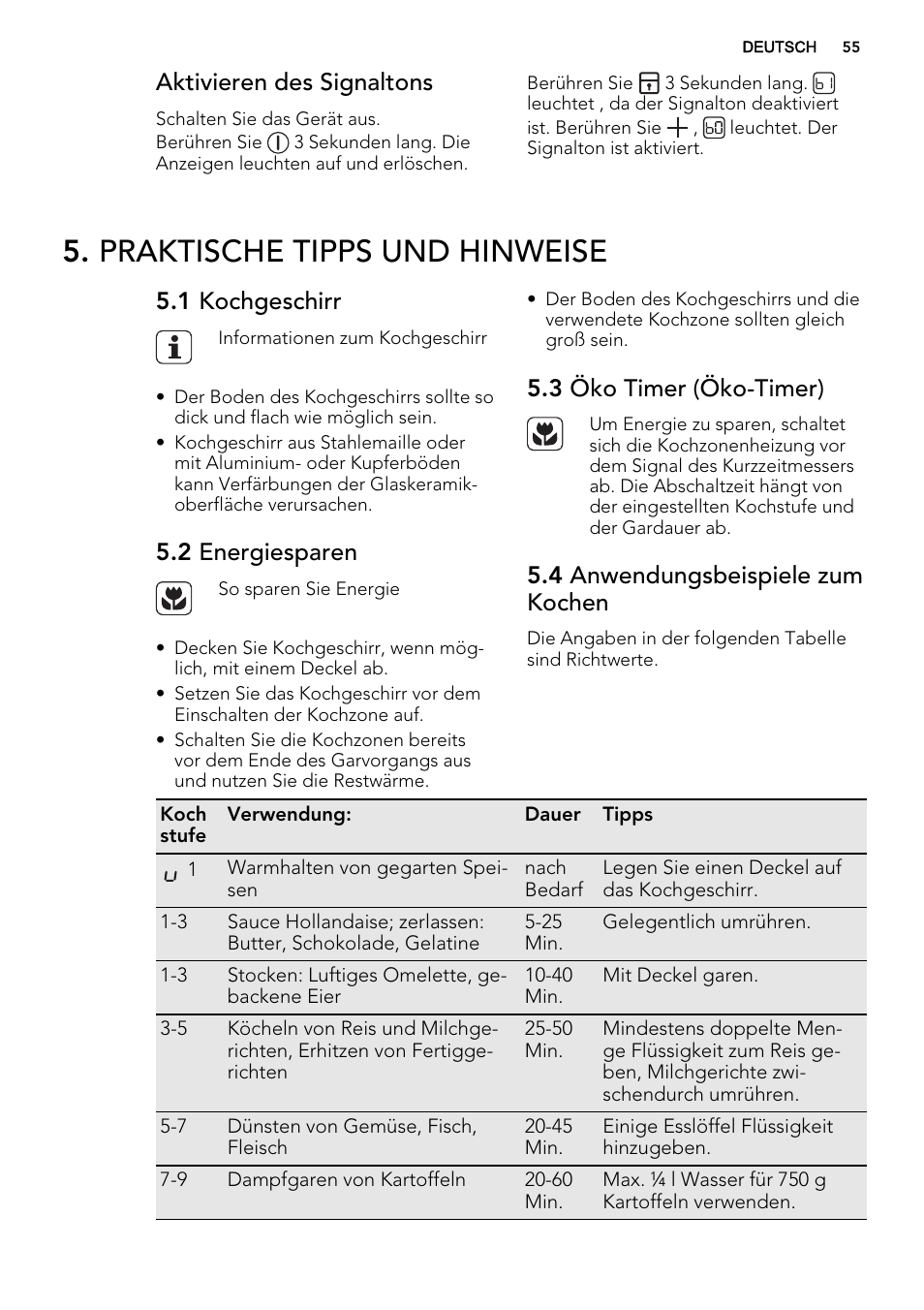 Praktische tipps und hinweise, Aktivieren des signaltons, 1 kochgeschirr | 2 energiesparen, 3 öko timer (öko-timer), 4 anwendungsbeispiele zum kochen | AEG HG654320NM User Manual | Page 55 / 64