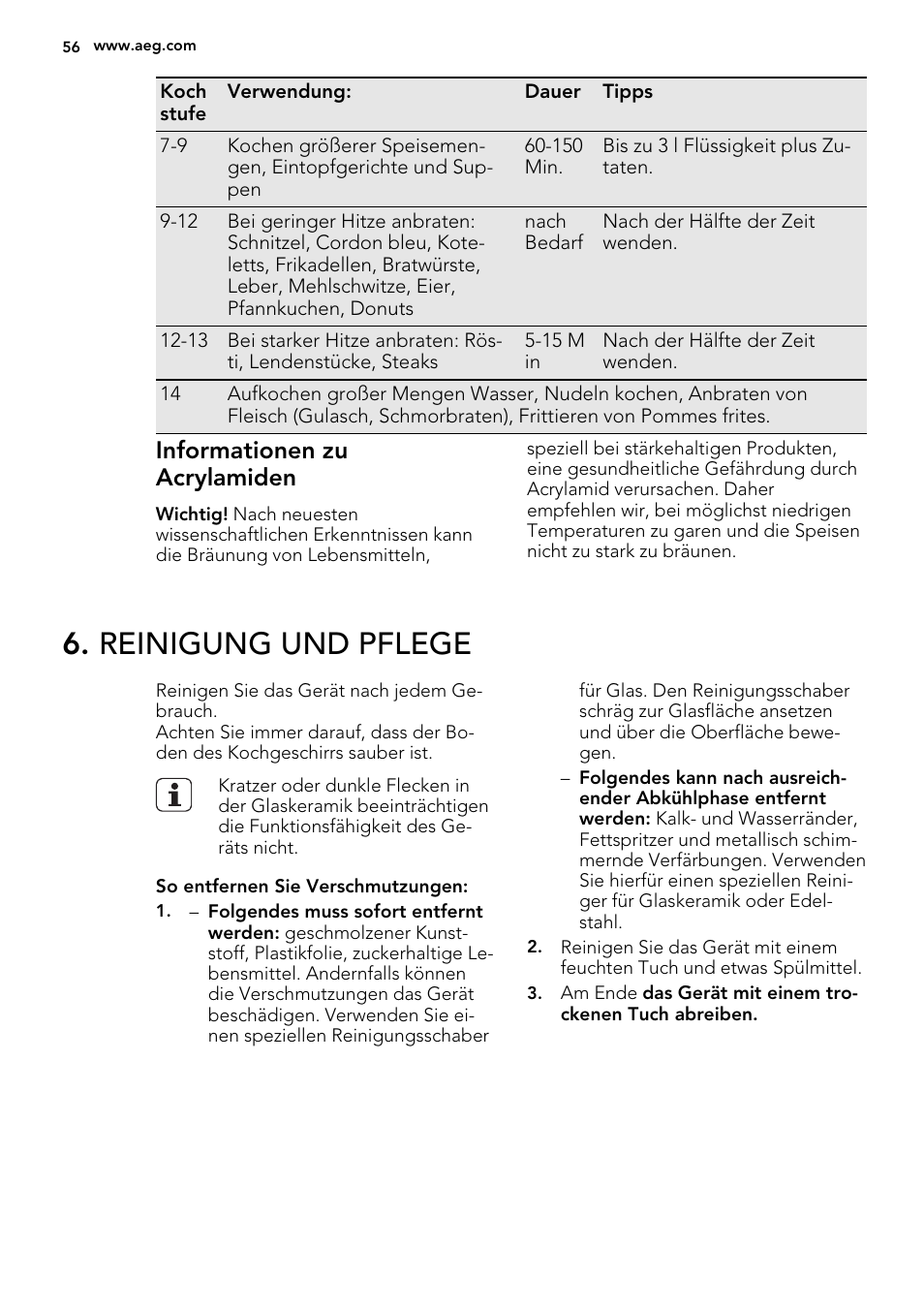 Reinigung und pflege, Informationen zu acrylamiden | AEG HG654320NM User Manual | Page 56 / 64