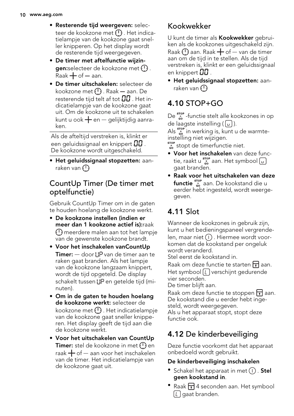 Countup timer (de timer met optelfunctie), Kookwekker, 10 stop+go | 11 slot, 12 de kinderbeveiliging | AEG HK654200XB User Manual | Page 10 / 72