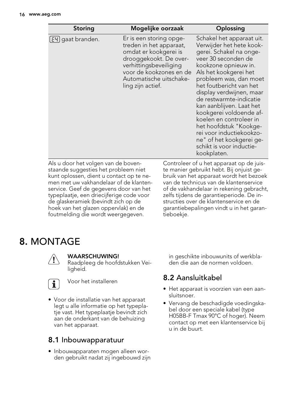 Montage, 1 inbouwapparatuur, 2 aansluitkabel | AEG HK654200XB User Manual | Page 16 / 72