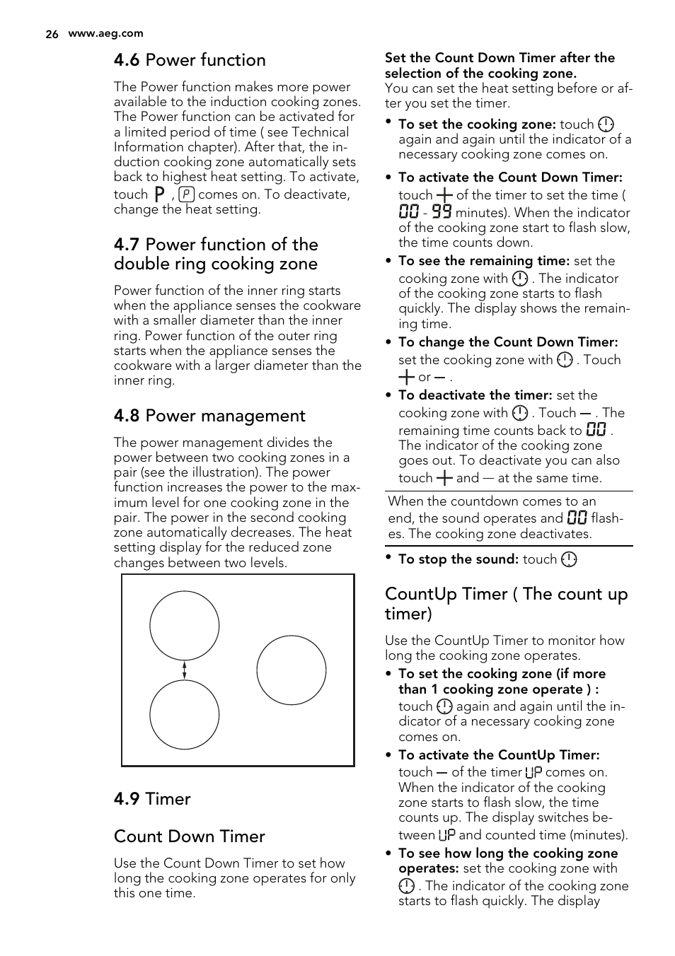 6 power function, 7 power function of the double ring cooking zone, 8 power management | 9 timer count down timer, Countup timer ( the count up timer) | AEG HK654200XB User Manual | Page 26 / 72