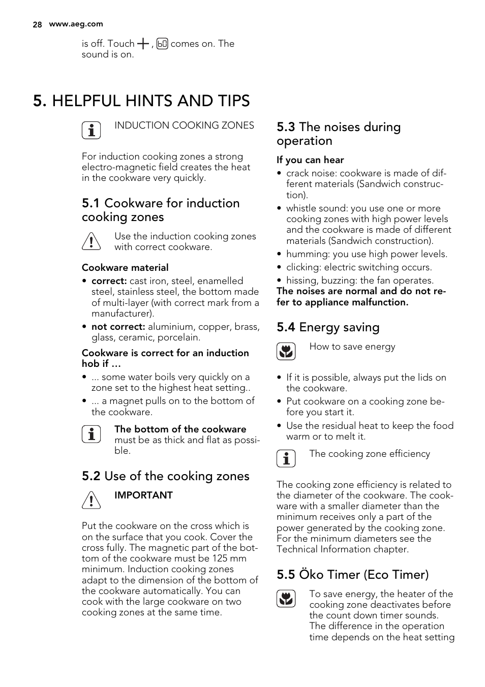 Helpful hints and tips, 1 cookware for induction cooking zones, 2 use of the cooking zones | 3 the noises during operation, 4 energy saving, 5 öko timer (eco timer) | AEG HK654200XB User Manual | Page 28 / 72