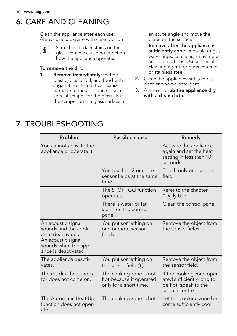 Care and cleaning, Troubleshooting | AEG HK654200XB User Manual | Page 30 / 72