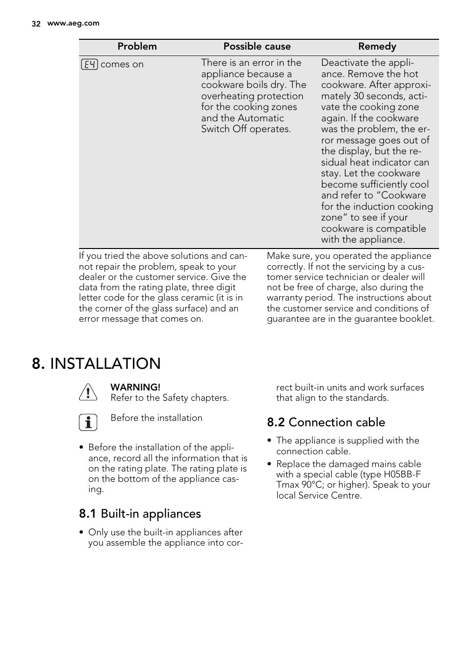 Installation, 1 built-in appliances, 2 connection cable | AEG HK654200XB User Manual | Page 32 / 72