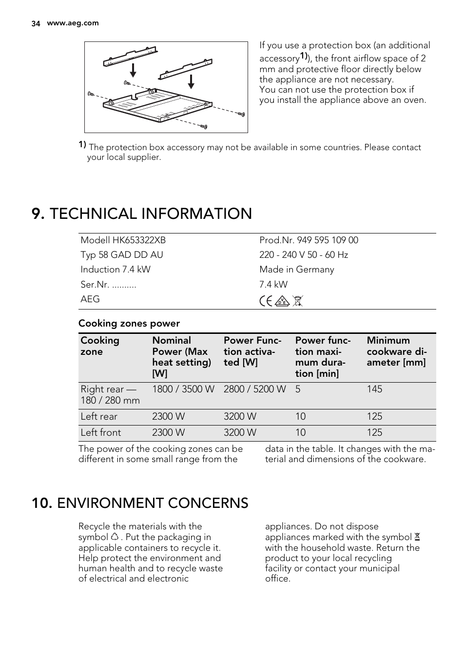 Technical information, Environment concerns | AEG HK654200XB User Manual | Page 34 / 72