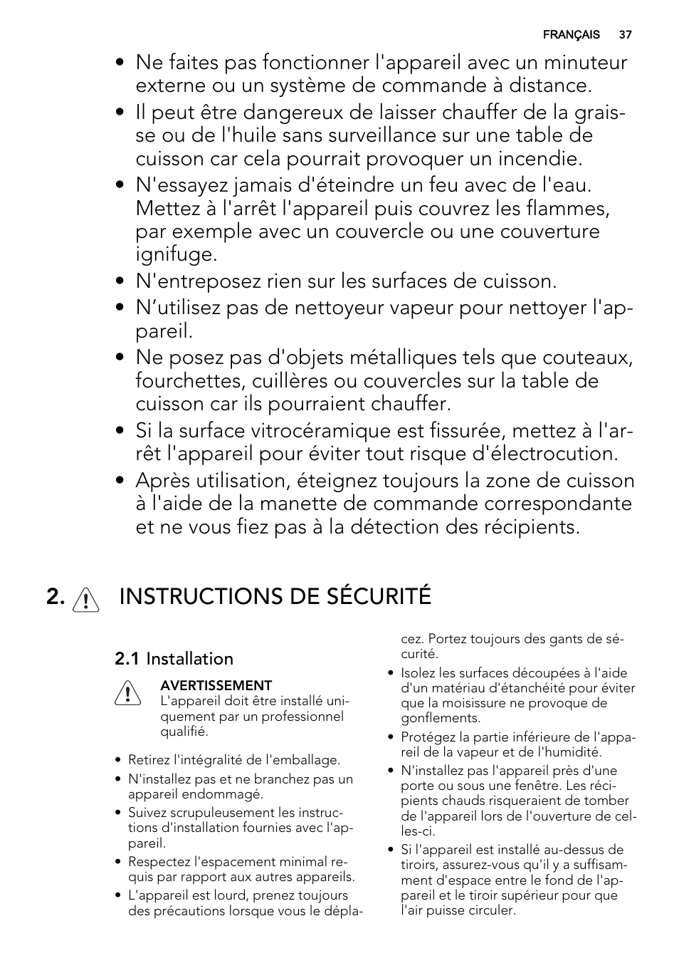 Instructions de sécurité | AEG HK654200XB User Manual | Page 37 / 72