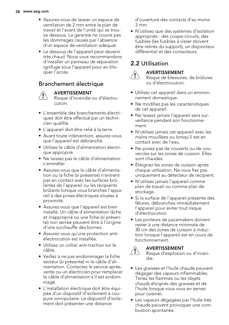 Branchement électrique, 2 utilisation | AEG HK654200XB User Manual | Page 38 / 72
