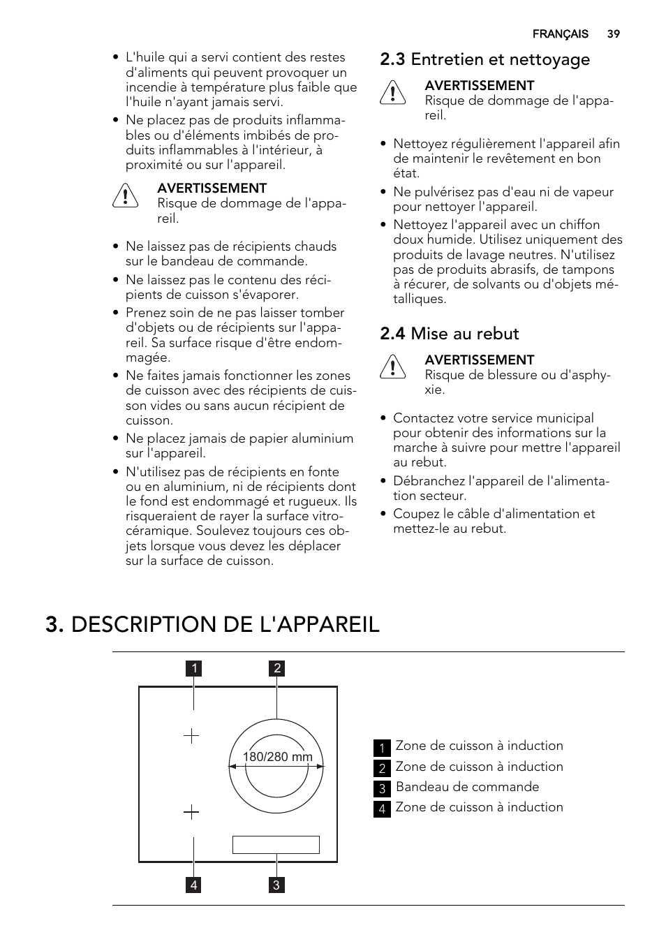Description de l'appareil, 3 entretien et nettoyage, 4 mise au rebut | AEG HK654200XB User Manual | Page 39 / 72