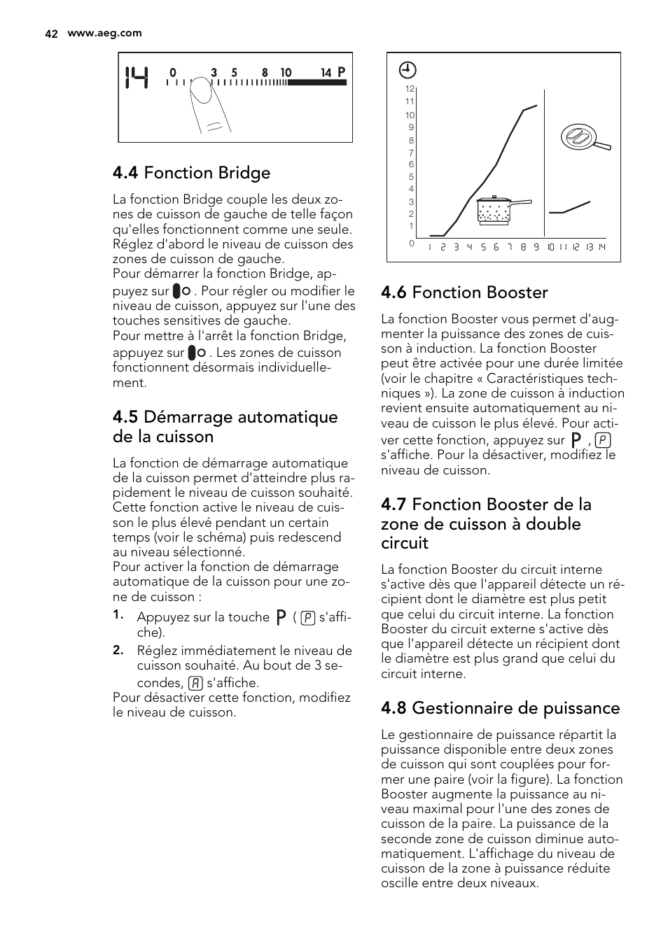 4 fonction bridge, 5 démarrage automatique de la cuisson, 6 fonction booster | 8 gestionnaire de puissance | AEG HK654200XB User Manual | Page 42 / 72