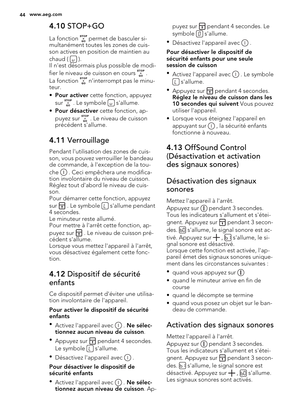 10 stop+go, 11 verrouillage, 12 dispositif de sécurité enfants | Activation des signaux sonores | AEG HK654200XB User Manual | Page 44 / 72