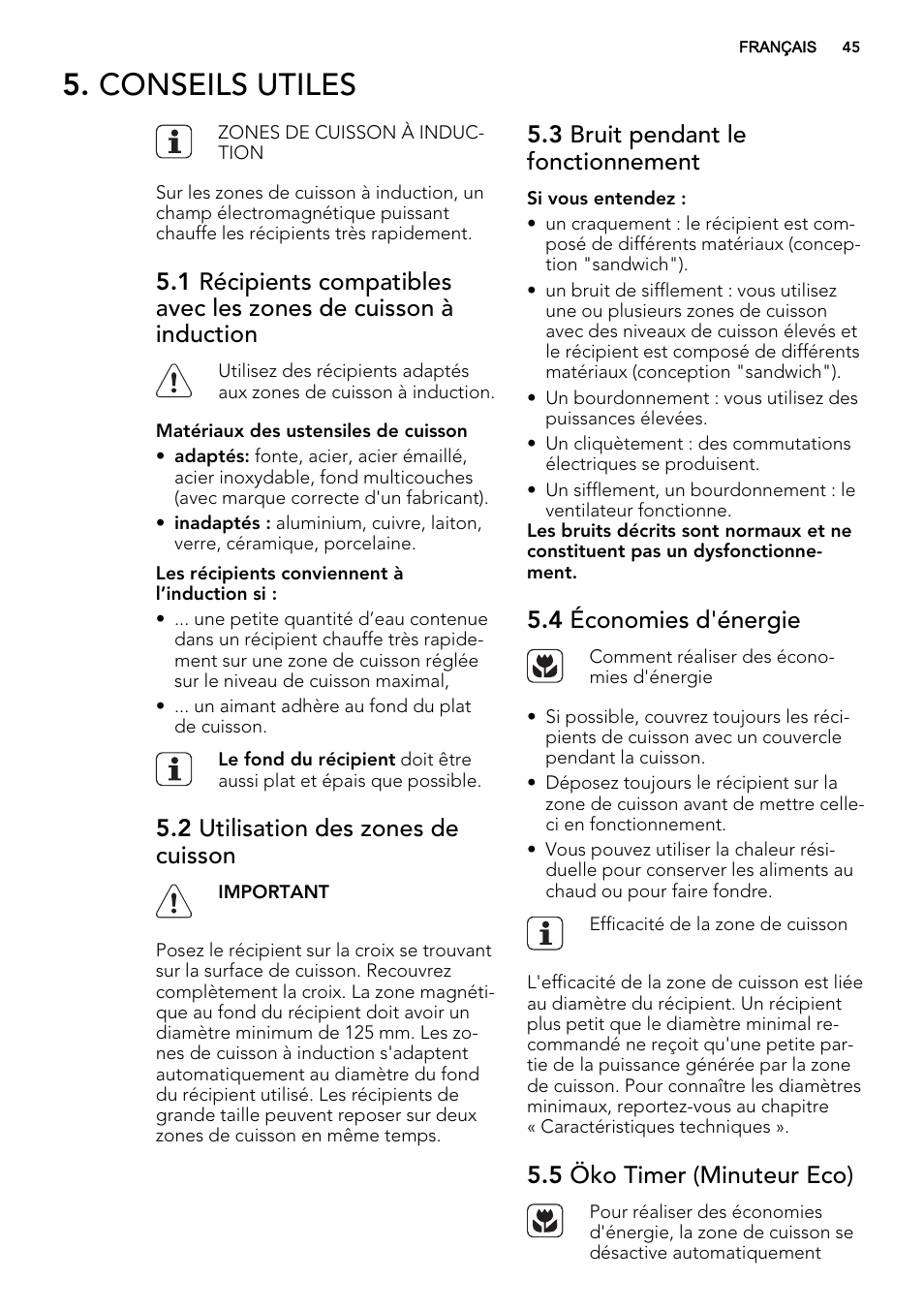 Conseils utiles, 2 utilisation des zones de cuisson, 3 bruit pendant le fonctionnement | 4 économies d'énergie, 5 öko timer (minuteur eco) | AEG HK654200XB User Manual | Page 45 / 72