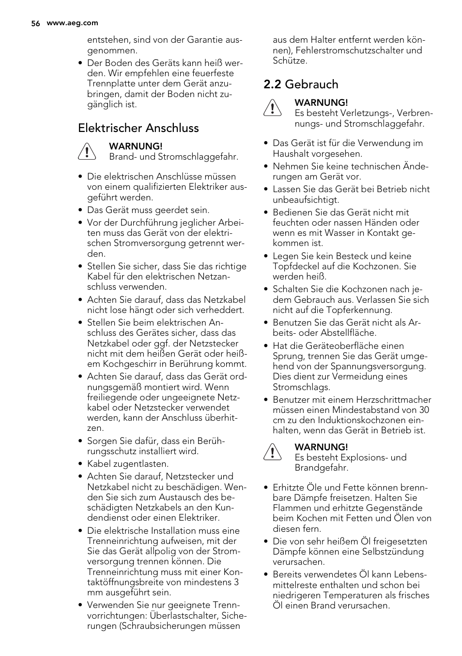 Elektrischer anschluss, 2 gebrauch | AEG HK654200XB User Manual | Page 56 / 72