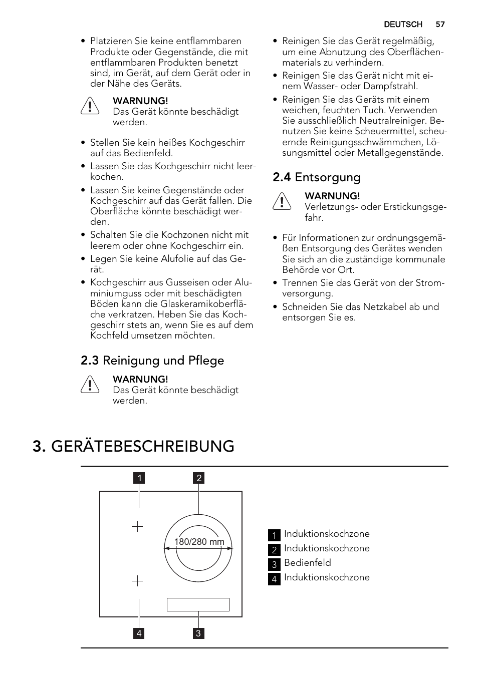 Gerätebeschreibung, 3 reinigung und pflege, 4 entsorgung | AEG HK654200XB User Manual | Page 57 / 72