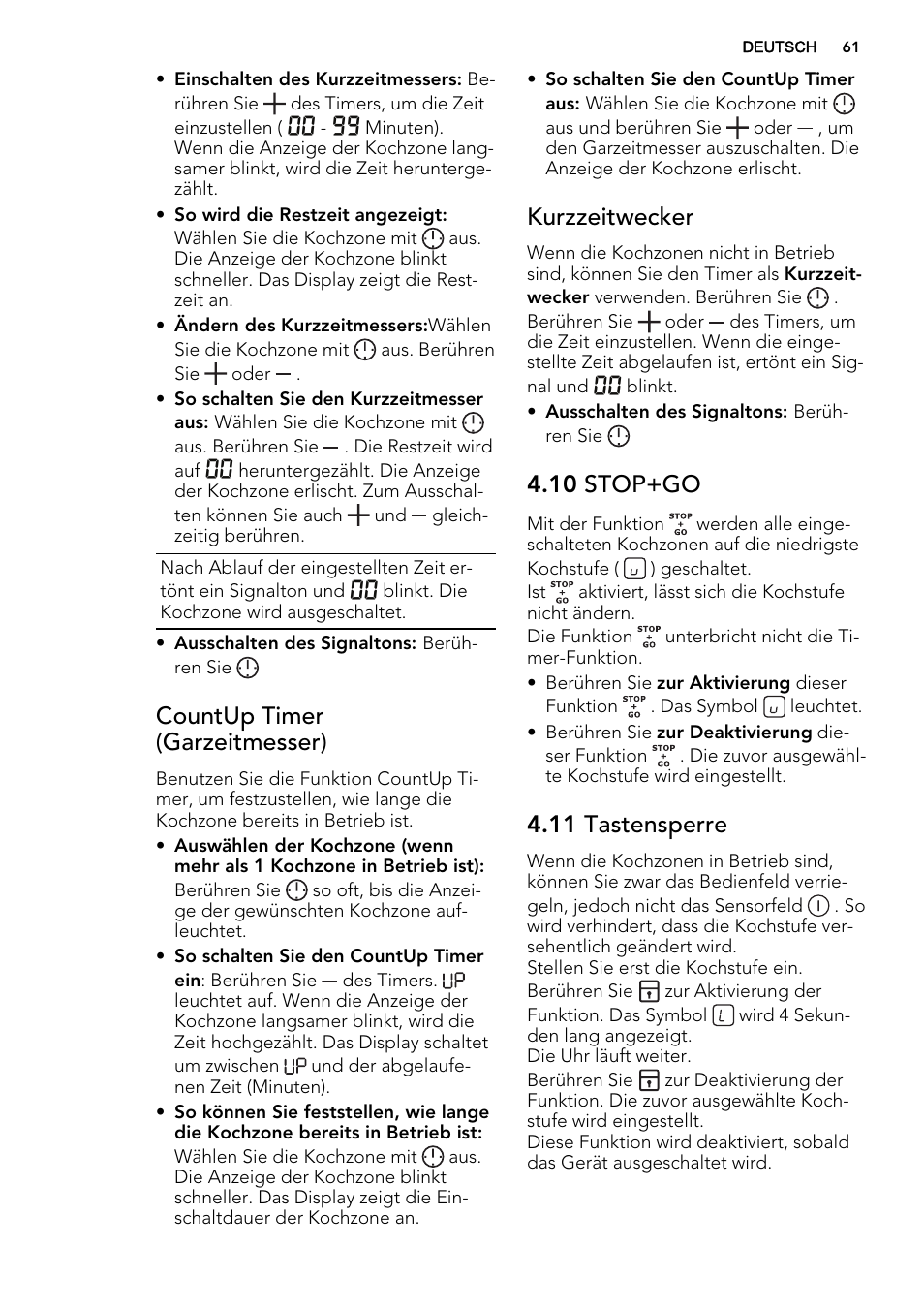 Countup timer (garzeitmesser), Kurzzeitwecker, 10 stop+go | 11 tastensperre | AEG HK654200XB User Manual | Page 61 / 72