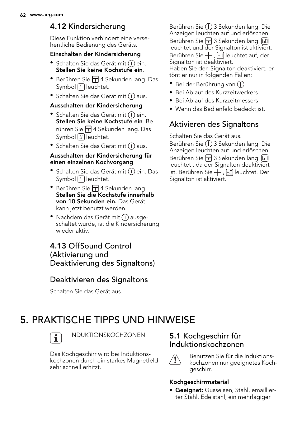 Praktische tipps und hinweise, 12 kindersicherung, Aktivieren des signaltons | 1 kochgeschirr für induktionskochzonen | AEG HK654200XB User Manual | Page 62 / 72