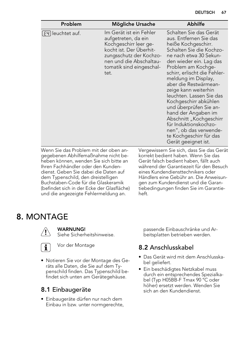 Montage, 1 einbaugeräte, 2 anschlusskabel | AEG HK654200XB User Manual | Page 67 / 72