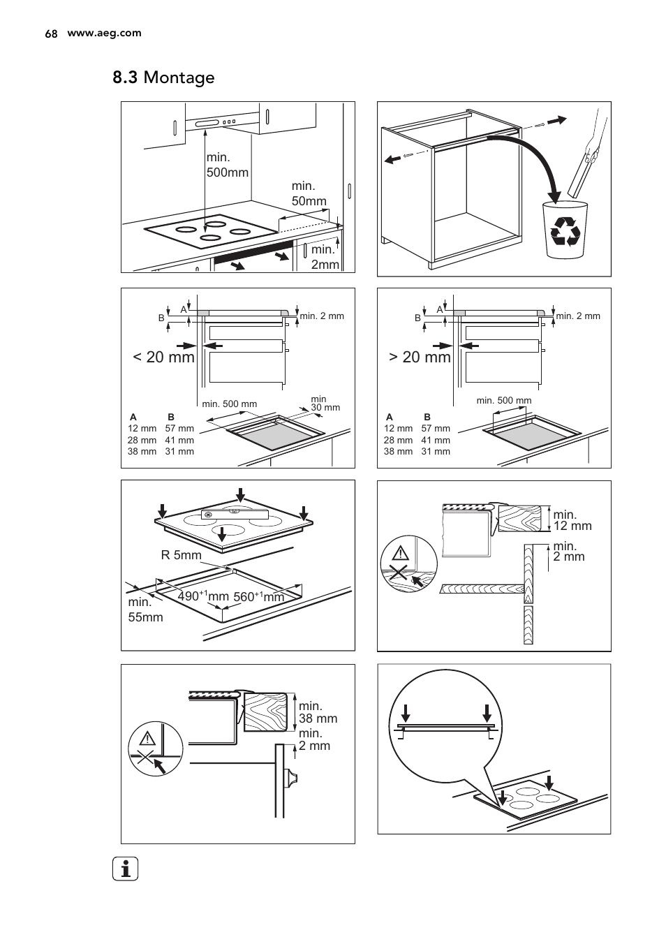 3 montage, 20 mm | AEG HK654200XB User Manual | Page 68 / 72