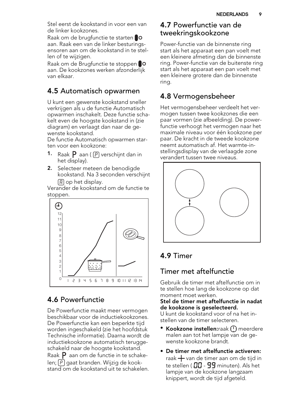 5 automatisch opwarmen, 6 powerfunctie, 7 powerfunctie van de tweekringskookzone | 8 vermogensbeheer, 9 timer timer met aftelfunctie | AEG HK654200XB User Manual | Page 9 / 72
