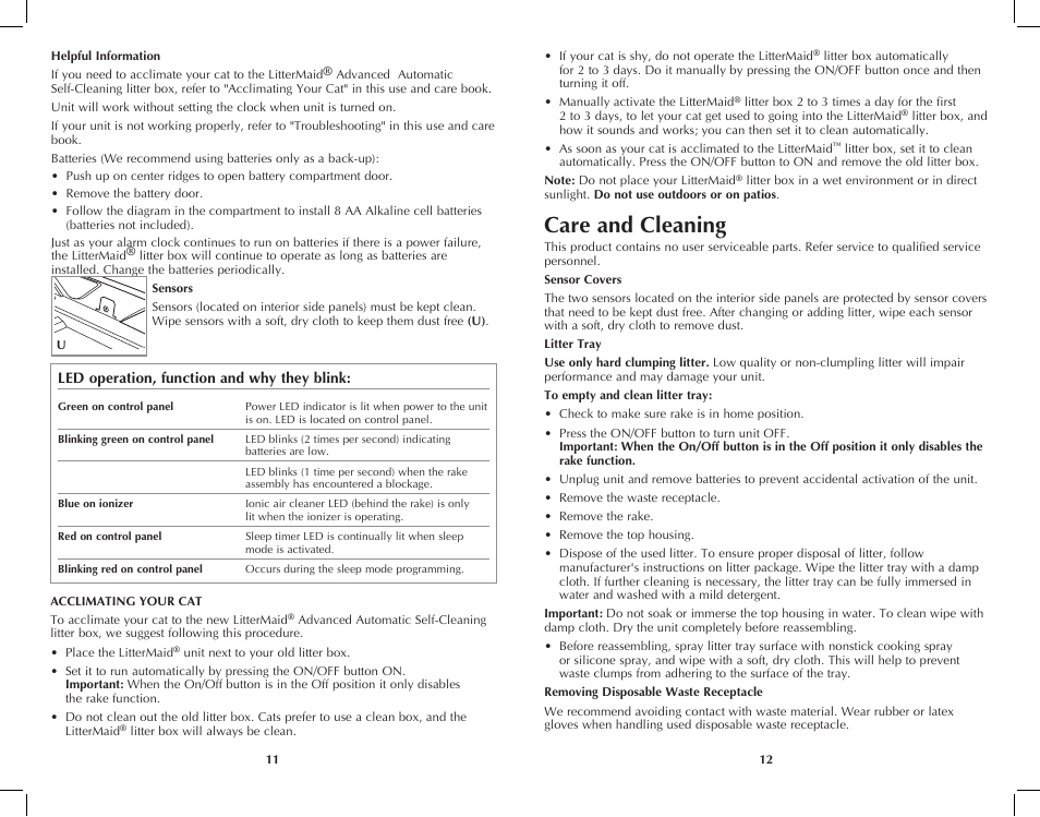Care and cleaning | Applica LitterMaid LME5500MR User Manual | Page 7 / 11